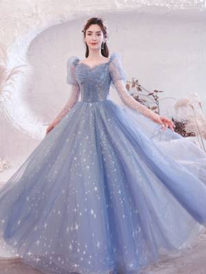 Blue Tulle Lace Long Prom Formal Dress