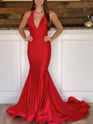 Red Satin V-neck Simple Long Backless Prom Evening Dress
