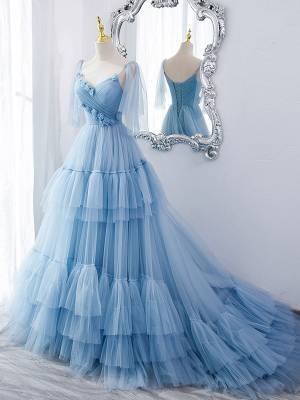 Vintage Blue Tulle V-neck Mermaid Prom Formal Dress