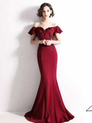 Burgundy Satin Lace Off-the-shoulder Long Prom Evening Dress