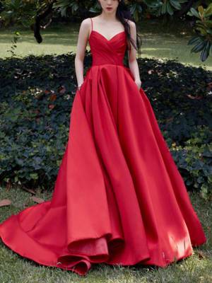 Red Satin V-neck Long Prom Evening Dress