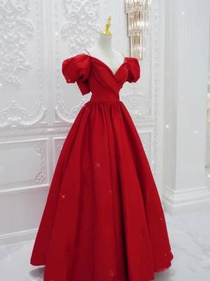 Red Satin V-neck Long Prom Evening Dress