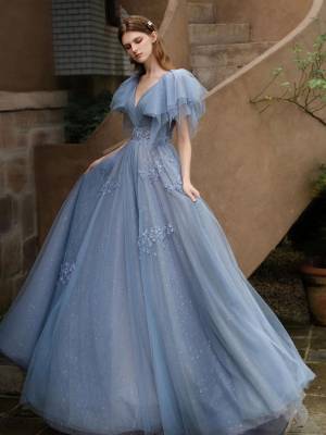 Gray/Blue Tulle V-neck With Sequin Long Prom Formal Dress