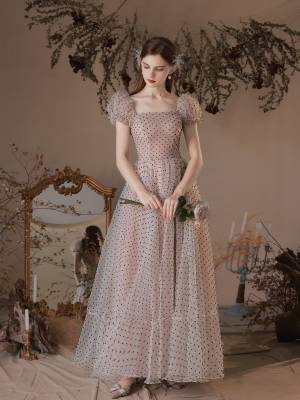 Pink Tulle Puff-sleeves A-line With Polka Dots Tea-length Prom Homecoming Dress