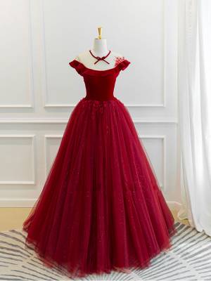 Burgundy Tulle Lace Round Neck Long Prom Evening Dress