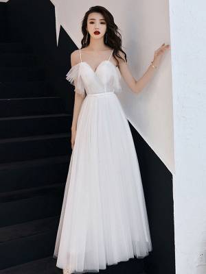 White Tulle Sweetheart Simple Long Prom Formal Dress
