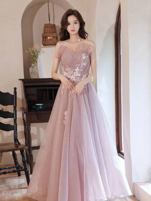 Pink Tulle Lace A-line With Applique Long Prom Evening Dress