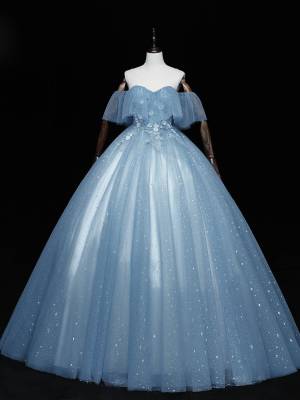 Gray/Blue Tulle Off-the-shoulder Long Prom Evening Dress