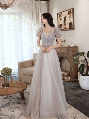 Gray Tulle V-neck With Beads Long Prom Formal Dress