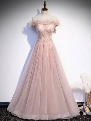 Pink Tulle A-line Long Prom Evening Dress