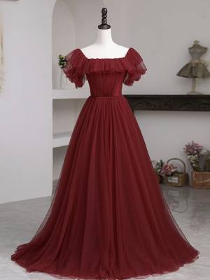 Square Burgundy Tulle Simple Long Bridesmaid Dress