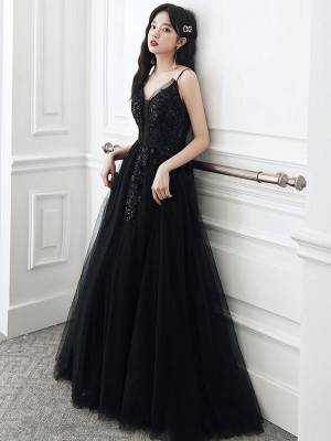 Simple Black Tulle Lace V-neck Long Prom Dress