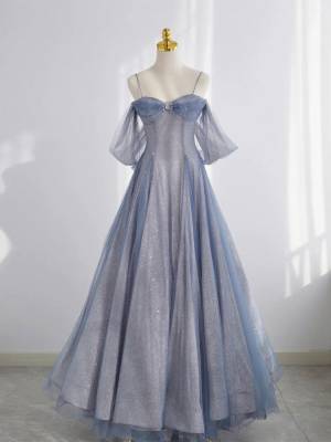 Gray/Blue Tulle Tea-length Prom Formal Dress
