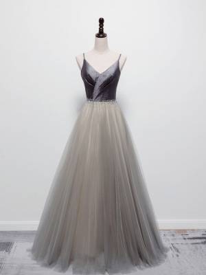 Gray Tulle V-neck Simple Long Prom Formal Dress