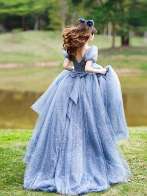 Blue Tulle V-neck Long Prom Sweet 16 Dress