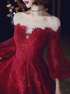 Red Tulle Lace A-line Long Prom Evening Dress