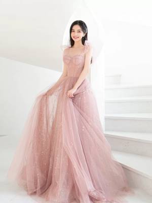 Pink Tulle A-line Simple Long Prom Formal Dress
