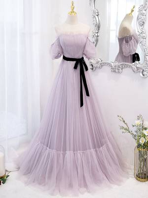 A-line Purple Tulle Off Shoulder Long Bridesmaid Dress