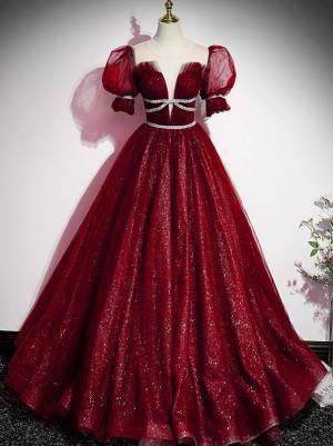 Burgundy Tulle With Sequin Long Prom Evening Dress