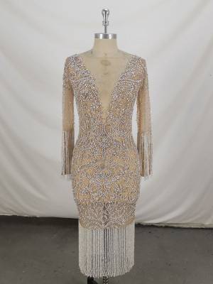 Champagne Tulle With Beads Short/Mini Mermaid Prom Evening Dress