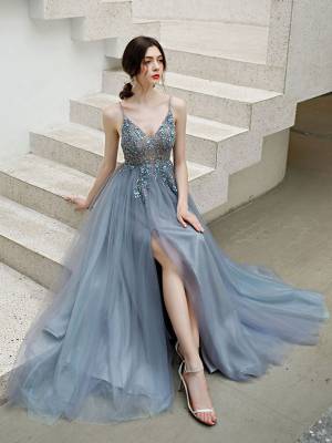 Sexy Gray/Blue Tulle V-neck Prom Formal Dress With Beads