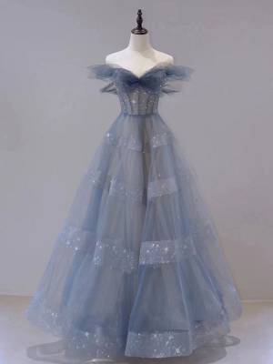 Blue Tulle Off-the-shoulder A-line Long Prom Evening Dress