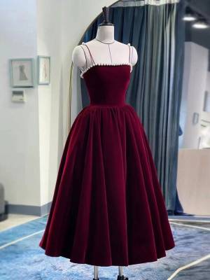 Burgundy Tea-length Simple Prom Homecoming Dress