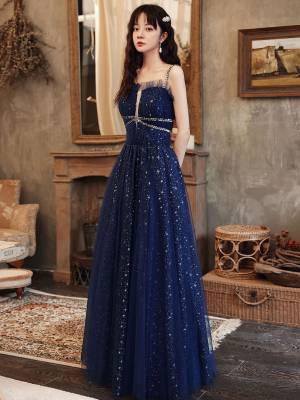 Blue Tulle A-line With Sequin Long Prom Formal Dress