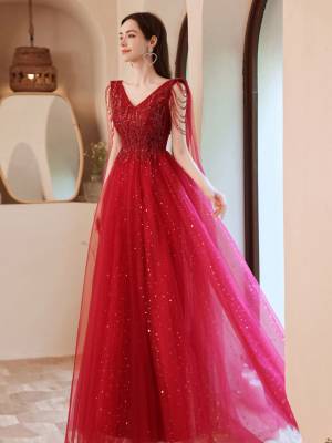 Burgundy Tulle Lace V-neck With Beads Long Prom Evening Dress