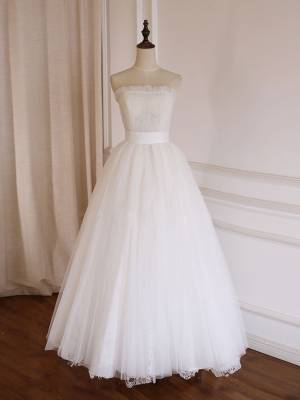 White Lace Tulle Tea-length Simple Prom Bridesmaid Dress
