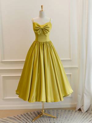 Yellow Satin Tea-length Simple Prom Homecoming Dress