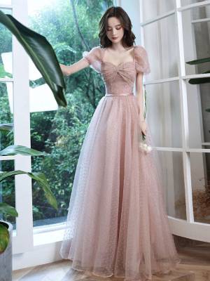 Pink Tulle Lace A-line Long Prom Bridesmaid Dress