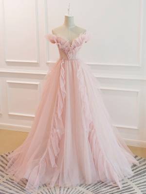 Pink Tulle Off-the-shoulder A-line Long Prom Evening Dress
