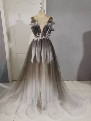 Tulle Lace V-neck A-line Unique Long Prom Formal Dress