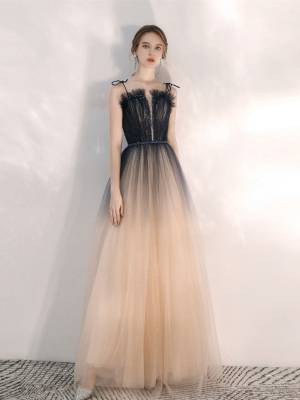 Champagne Tulle A-line With Sequin Long Prom Evening Dress