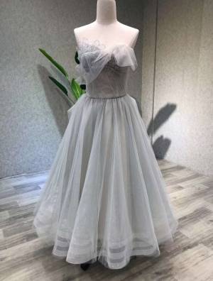 Gray Tulle A-line Tea-length Prom Homecoming Dress