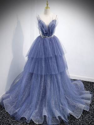 Sexy Straps Blue Tulle V-neck Sequin Long Prom Formal Dress