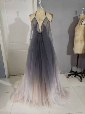 Tulle V-neck A-line Unique Long Prom Evening Dress