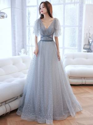 Gray Tulle V-neck A-line Long Prom Evening Dress