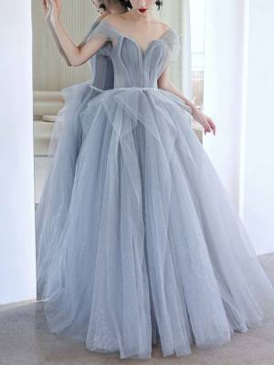Gray Tulle Off-the-shoulder Long Prom Formal Dress