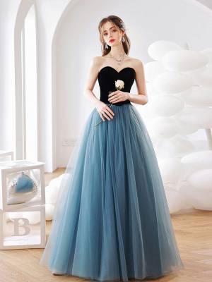 A-line Sweetheart Blue Tulle Long Prom Formal Dress With Top Velvet