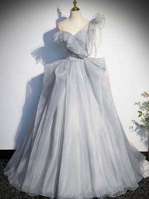 Gray Tulle Sweetheart Long Prom Evening Dress
