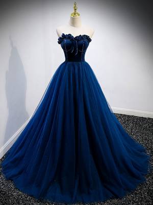 Blue Tulle A-line Simple Long Prom Formal Dress