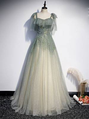 Gray/Green Tulle With Sequin/Beads Long Prom Evening Dress