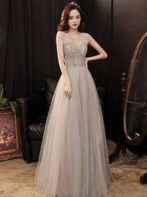 Champagne Tulle Round Neck With Beads Long Prom Evening Dress