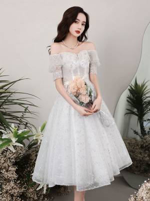 Gray/White Lace Tulle Short/Mini Prom Homecoming Dress