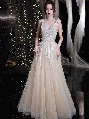 Champagne Tulle Lace V-neck With Sequin Long Prom Evening Dress