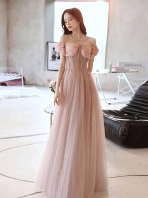 Pink Tulle Sweetheart With Beads Long Prom Evening Dress