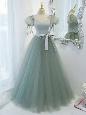 Green Tulle Round Neck Long Prom Evening Dress