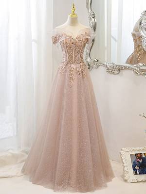 Champagne Tulle Lace A-line Long Prom Evening Dress
